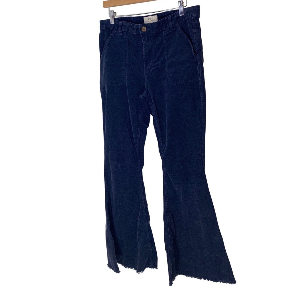 C&V Corduroy Flare Pants 32 Navy Blue Raw Hem Boho Retro 70s Chic Women